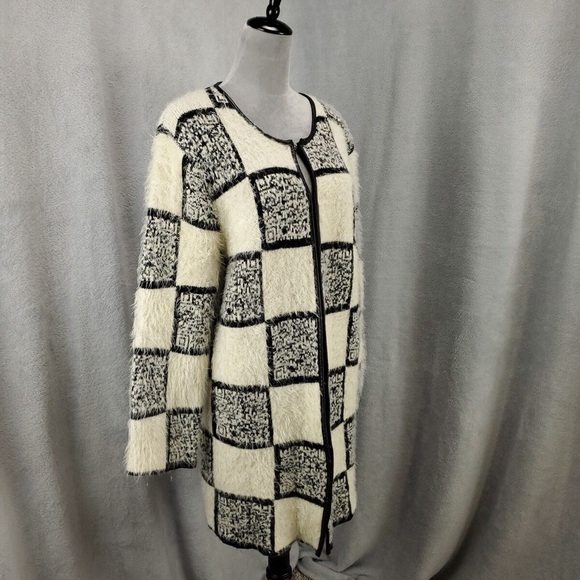 john fashion Sweaters - John Fashion‎ Cardigan Womens XL Checkerboard Fuzzy Wool Blend Hook N Eye